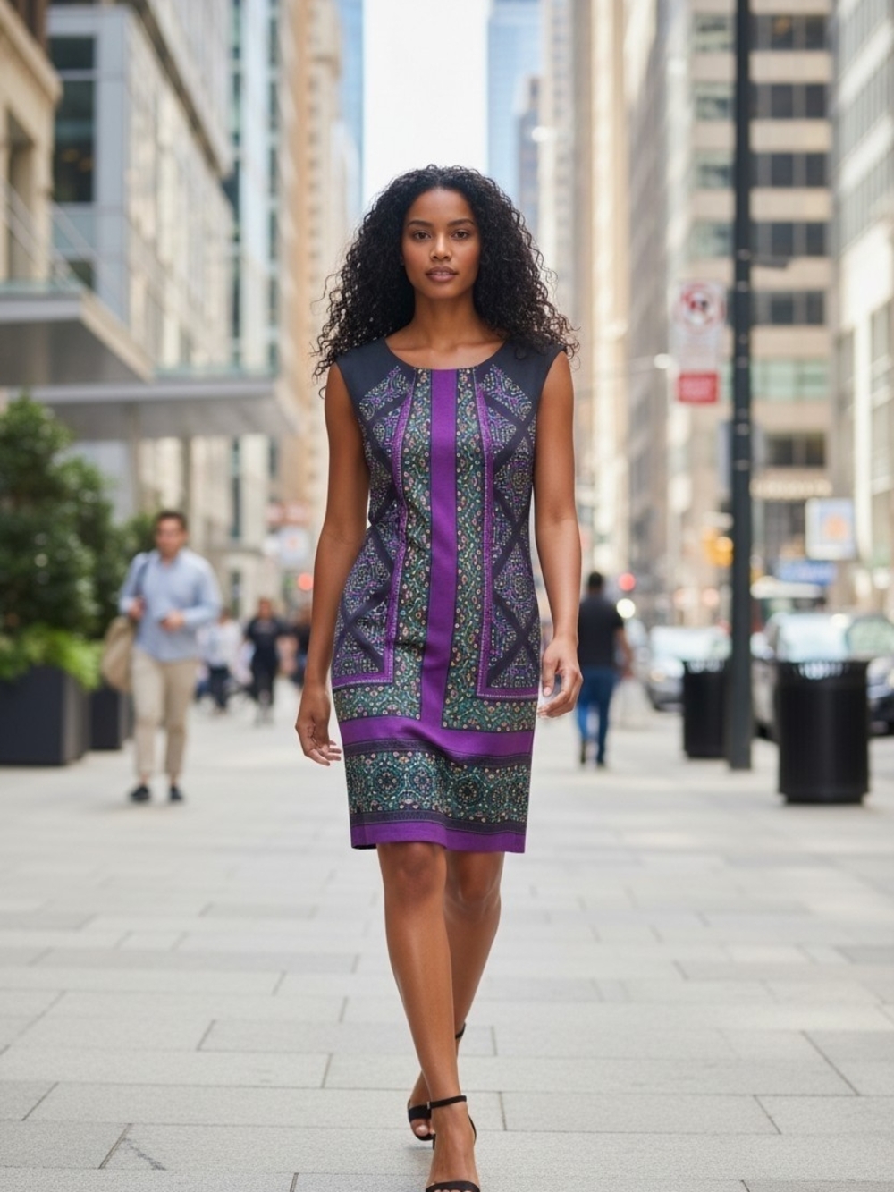 London Style Purple and Black Geo-Print Cap-Sleeve Midi Dress